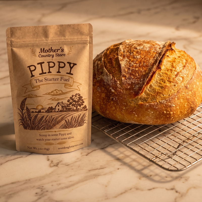 A kraft paper pouch labeled 'Mother's Country Store Pippy The Starter Fuel' stands beside a round artisanal bread loaf on a metal cooling rack over a marble surface.