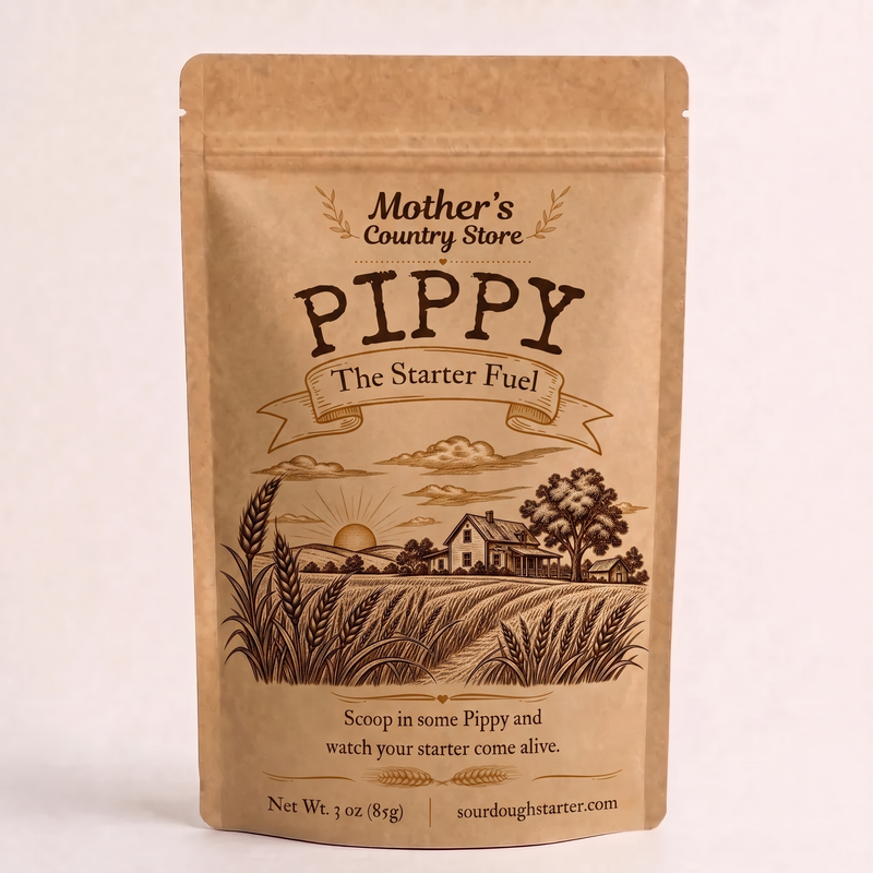 A kraft paper stand-up pouch labeled 'Mother's Country Store Pippy The Starter Fuel' with a brown illustrated farm scene on the front, photographed against a plain light background.