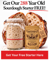 Get The Mother 288-year-old sourdough starter free – pouch and bubbly jar of starter in front of an open sourdough loaf
