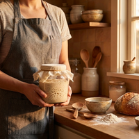 A person wearing a gray apron holds a glass jar filled with a beige yeast starter in a warm, rustic kitchen setting with wooden countertops, bowls, and a loaf of bread.